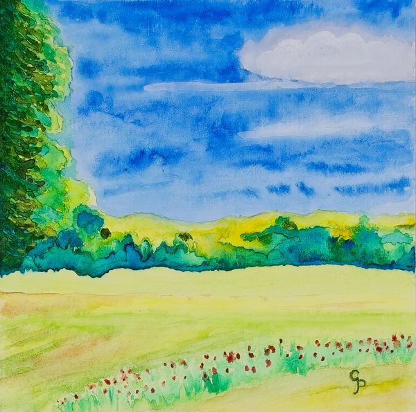 Watercolor painting of flowers on a country ridge