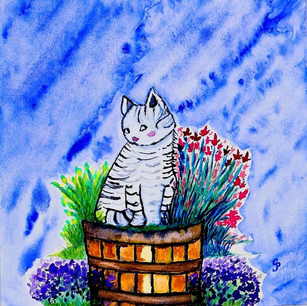 Watercolor painting of a garden cat