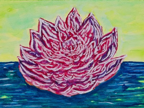 Watercolor painting of a lotus flower on water