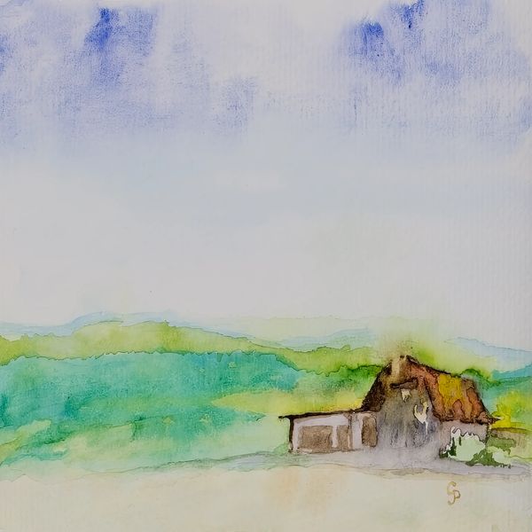 Watercolor painting of a mountain barn