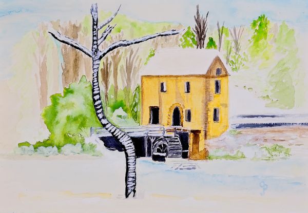 Watercolor painting of an old mill