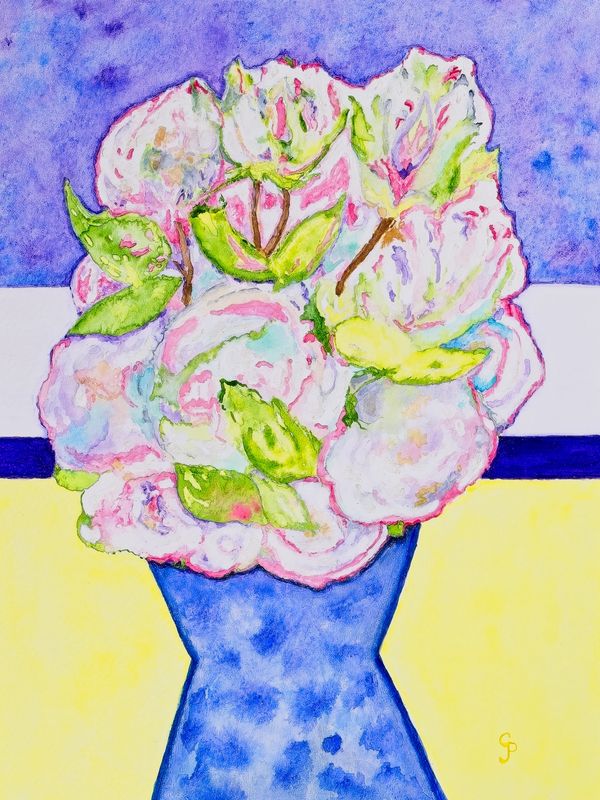Watercolor painting of pastel colored flowers in a blue vase