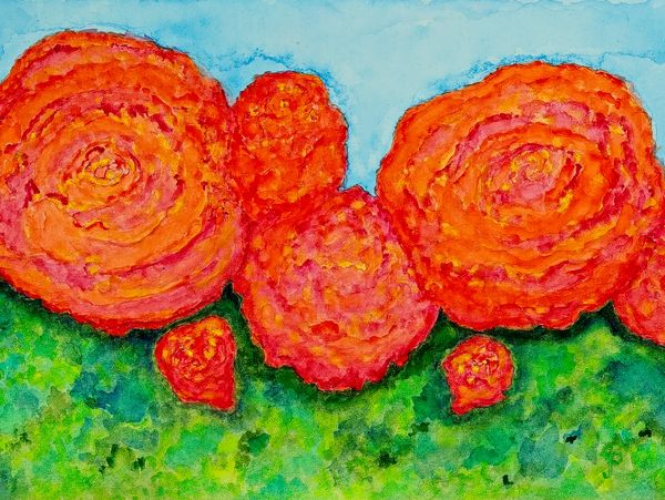 Watercolor painting of peach and pink roses in a bush