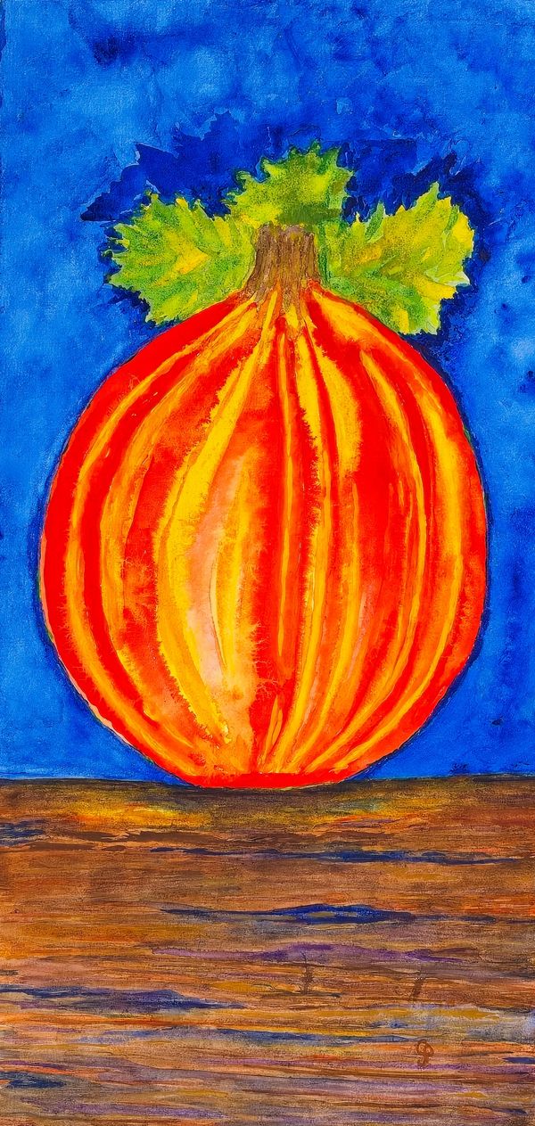 Watercolor painting of a pumpkin on a table