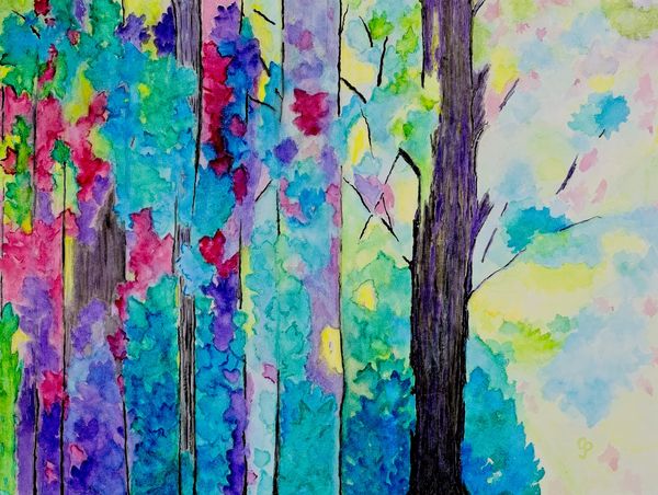 Watercolor painting of vibrant and multi-color trees in a forest