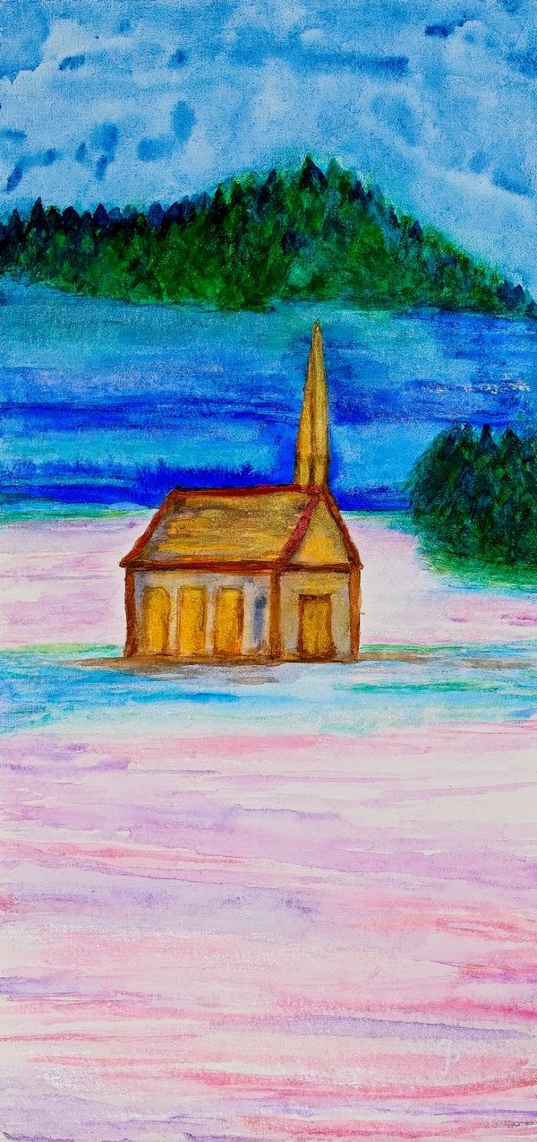 Watercolor painting of a church in winter