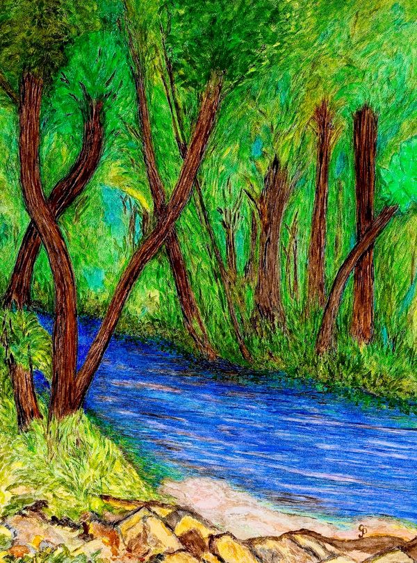 Watercolor painting of a stream in woods