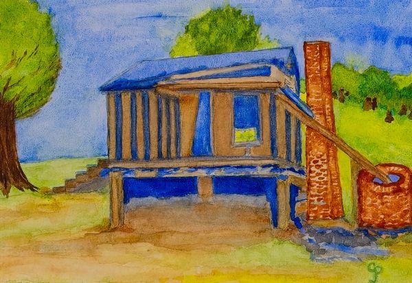 Watercolor painting of an old logging camp