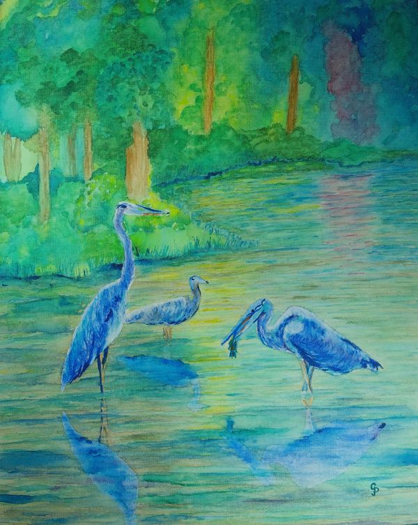 Watercolor painting of a cove inlet with multiple birds fishing for dinner