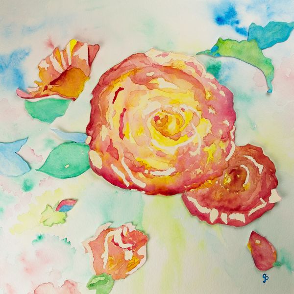 Watercolor paintings merged together to form a collage scene of flowers and a hummingbird