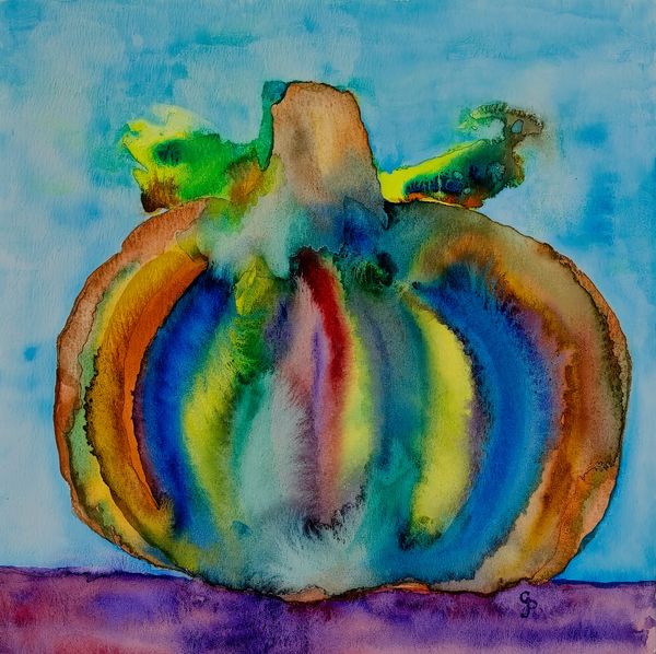 Watercolor painting of a multi-color pumpkin
