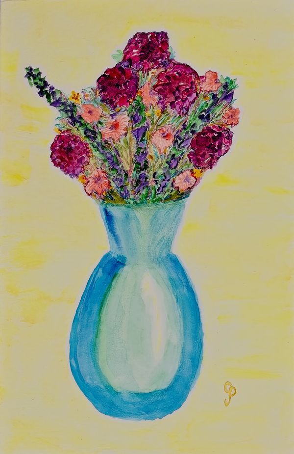 Watercolor painting of a floral arrangement in a blue vase
