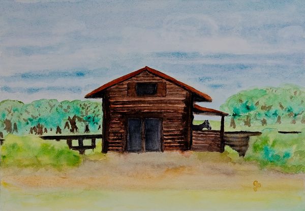 Watercolor painting of a barn with a mule