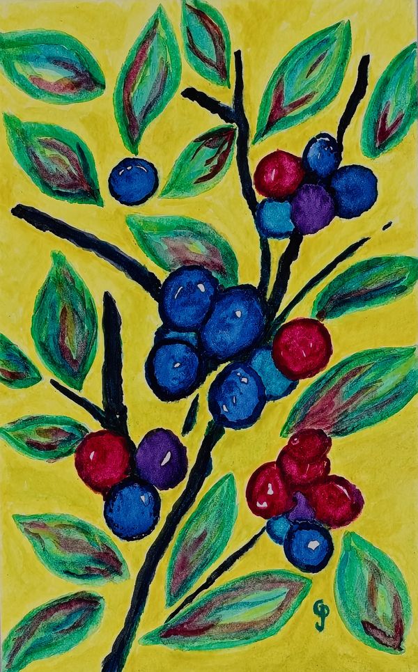 Watercolor painting of a blueberry bush