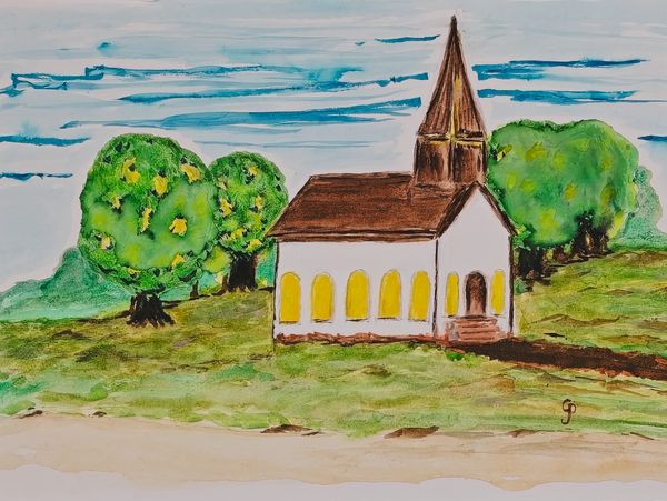 Watercolor painting of a country church
