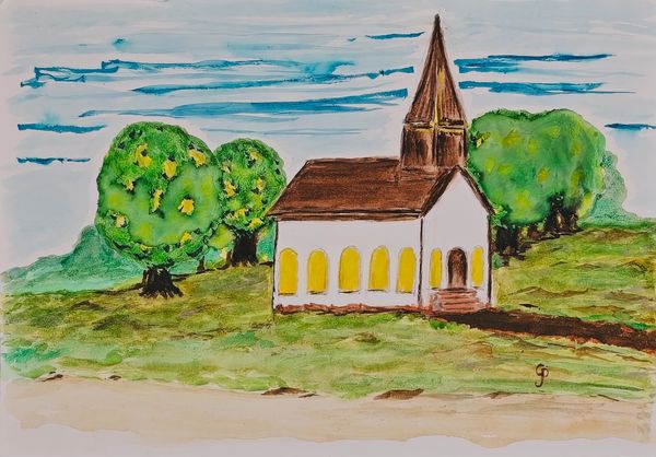 Watercolor painting of a country church