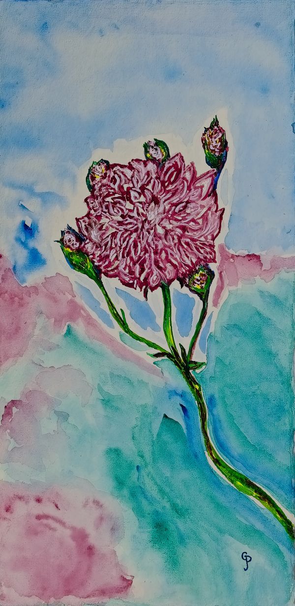 Watercolor painting of a flower with small buds around it
