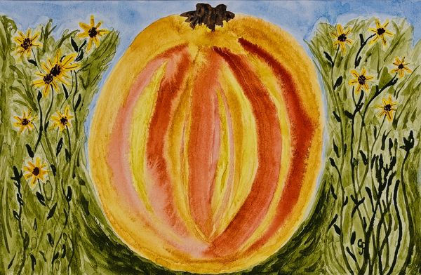 Watercolor painting of a fall pumpkin in a floral patch