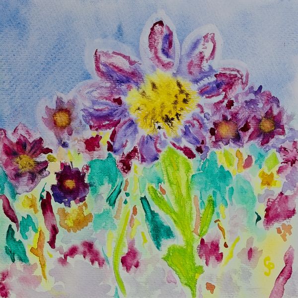 Watercolor painting of various flowers in a garden