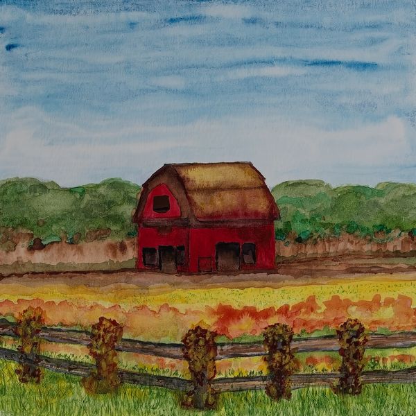 Watercolor painting of a barn at harvest time