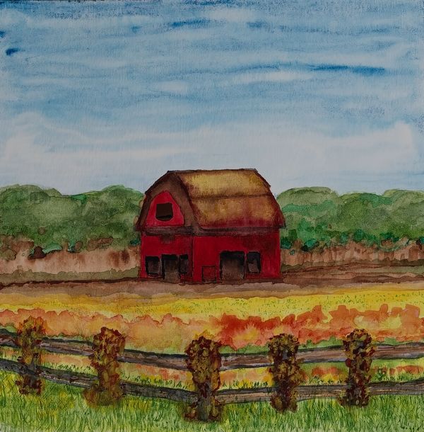 Watercolor painting of a barn in harvest season