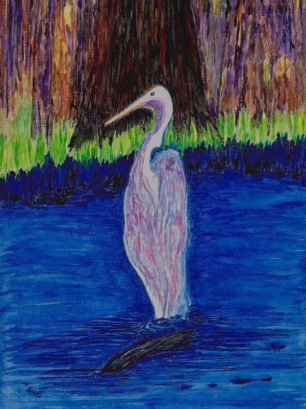 Watercolor painting of a heron at rest on a log in water