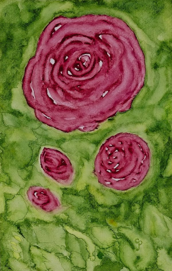 Watercolor painting of roses in a bush