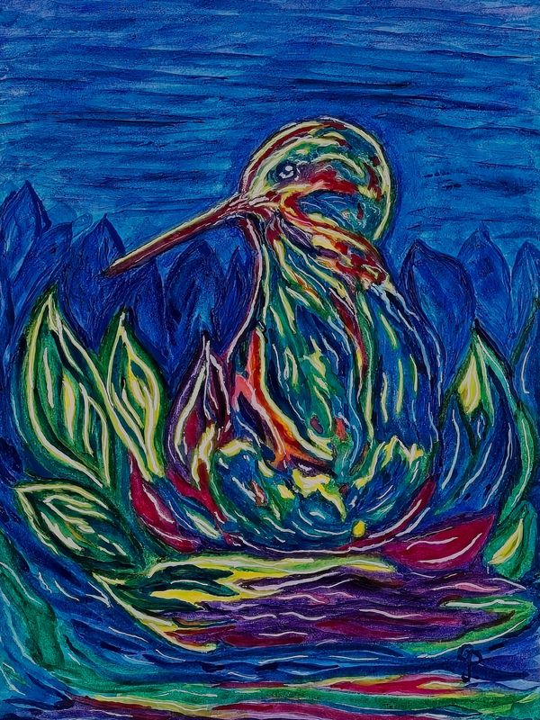 Watercolor painting of a bird nesting