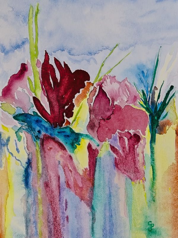 Watercolor painting of a variety of flowers