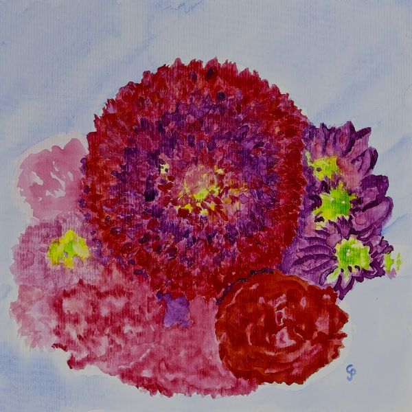 Watercolor painting of red and purple flowers