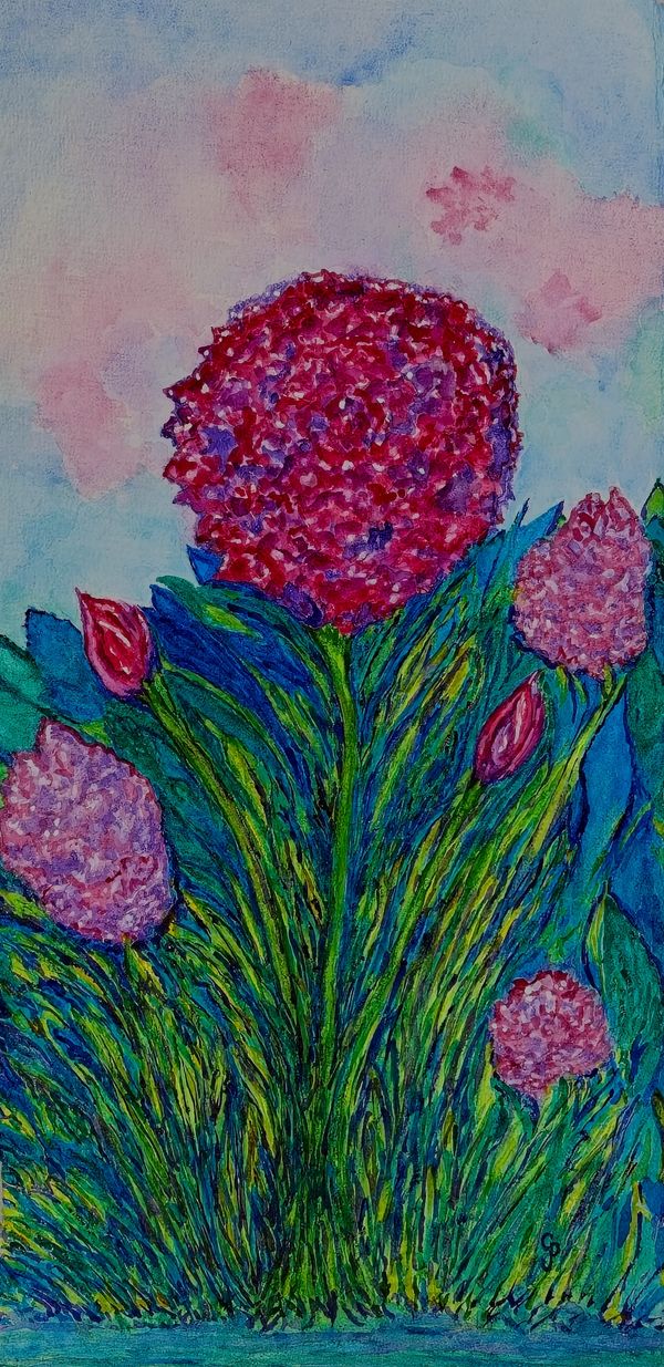 Watercolor painting of tall flowers