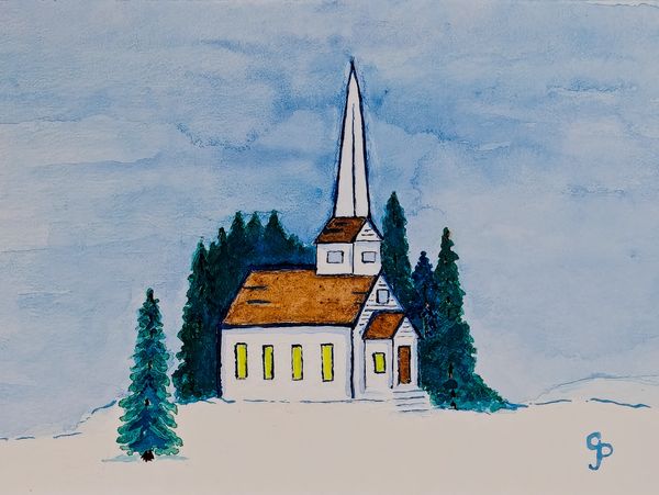 Watercolor painting of a snowy church