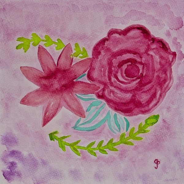 Watercolor painting of a rose and star flower