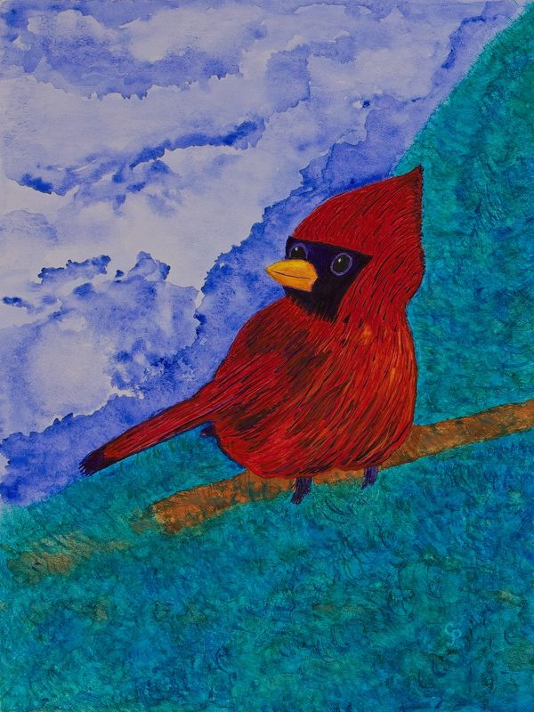Watercolor painting of a winter cardinal resting on a branch