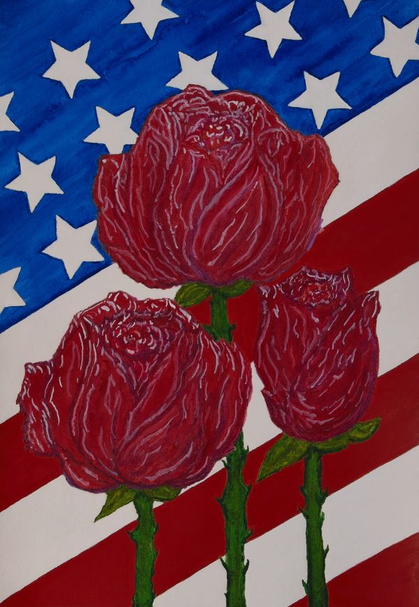 three red roses in front of the American flag