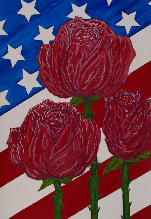 Watercolor painting of three red roses in front of the American flag