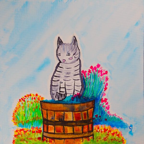 Watercolor painting of a striped cat sitting on a wooden barrel with colorful flowers around.