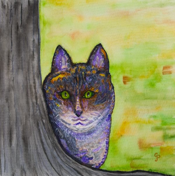 Watercolor painting of a cat peeking from behind a tree with vibrant green eyes.
