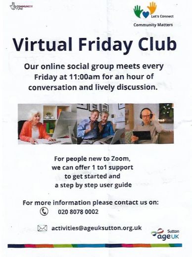 Virtual Friday Club. A Zoom meeting for those who like lively discussion and conversation. 