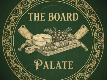 Vintage logo of a charcuterie board with cheese, grapes, and meats.