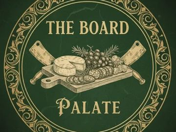 Vintage logo of a charcuterie board with cheese, grapes, and meats.