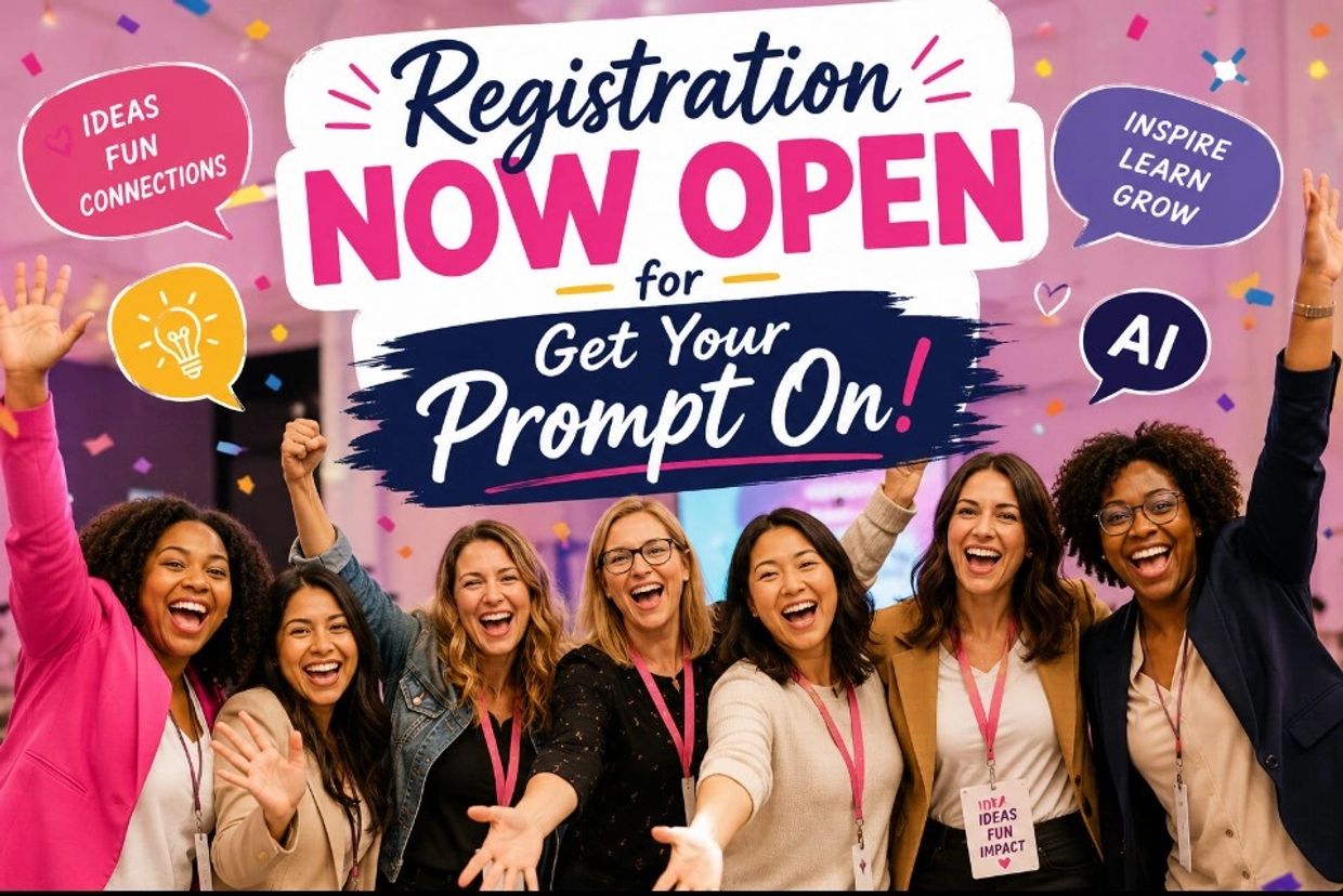 Happy diverse group promoting open registration for an AI-focused event.