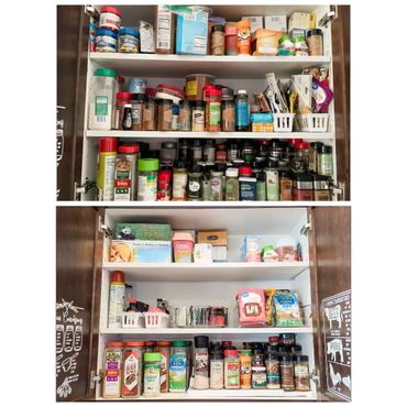 Spices and drink mixes organized in kitchen cupboard.