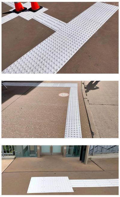 Images showing white warning and directional tactile ground surface indicator installation