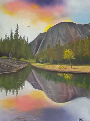 Painting of a mountain and forest reflected in a river at sunset.