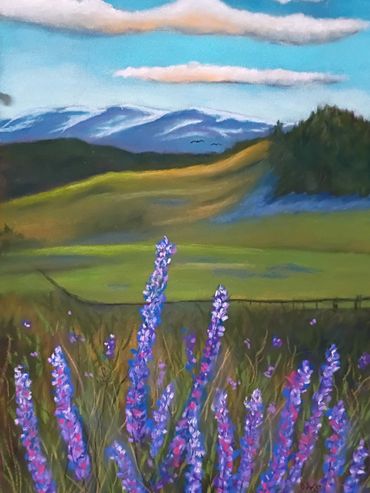 Colorful flowers with hills and mountains in the background.