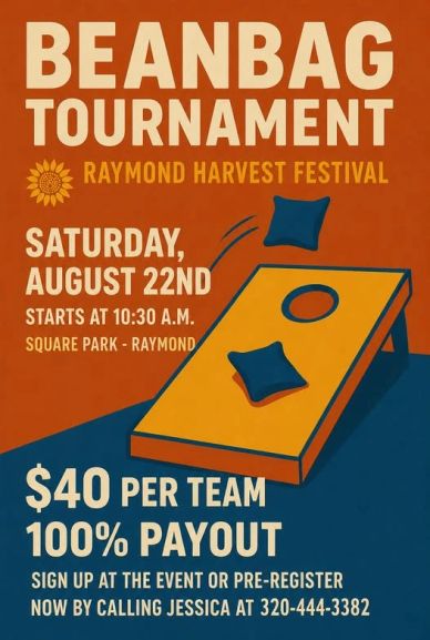 Beanbag tournament flyer with date and contact info.