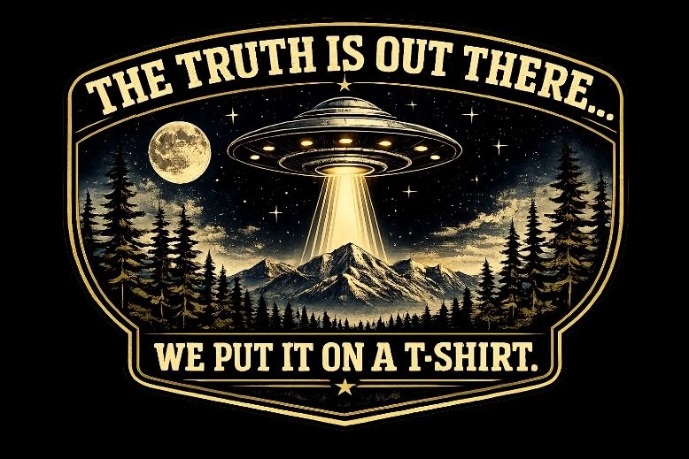 UFO over mountains with text about truth on a t-shirt.