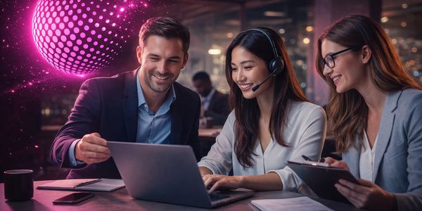Three professionals collaborating over a laptop with a glowing pink digital sphere nearby.