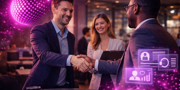 Businessmen shaking hands with a woman smiling in the background and digital icons around.